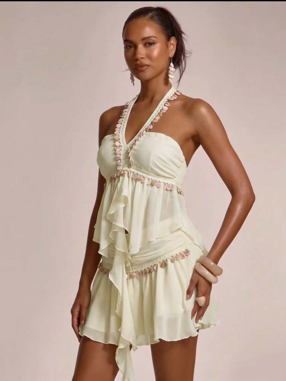 Cream Halter Ruffle Two Piece Set with shell Trim
